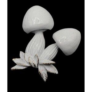 Napier Mushroom Brooch White Enamel over Gold Tone Pair of Shrooms Signed